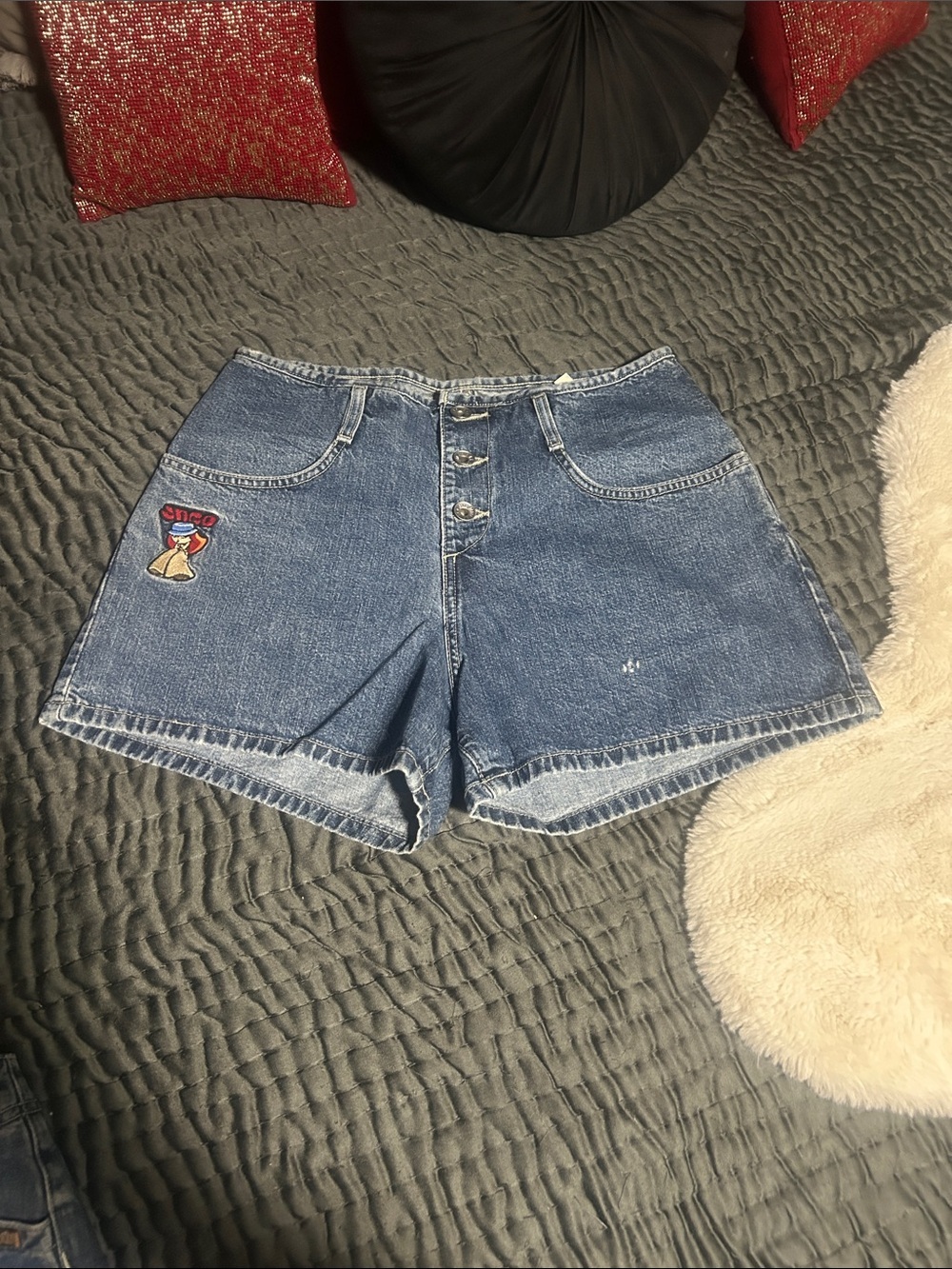 JNCO Authentic 90’s Blue Denim Button-Front Shorts with Patchwork